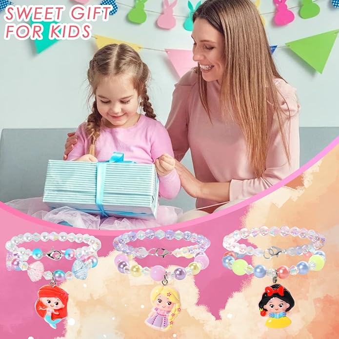 6 Sets Princess Beaded Bracelets for Girls, Princess Bracelets Dress Up Pretend Play Jewelry Set Party Favors Gift for Girls Kids
