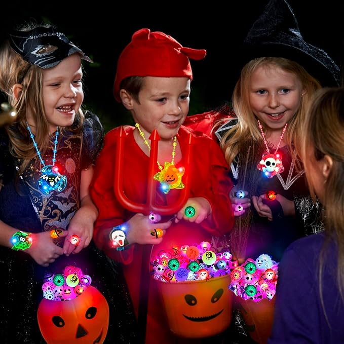 64Pcs Halloween Party Favors for Kids, Glow in The Dark Halloween Toys Bulk Light Up Rings Necklaces Bracelet Halloween Goodie Bag Fillers Stuffers Halloween Treats for Classroom Prizes Trick or Treat
