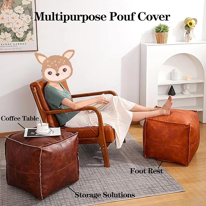 Louis Donné 18 inch Unstuffed Pouf Ottoman Faux Leather Pouffe Floor Chair Waterproof Foot Rest for Living Rooms Bedrooms & Kids Room or House Warming & Wedding Gifts (Brown Coffee, Square)Only Cover