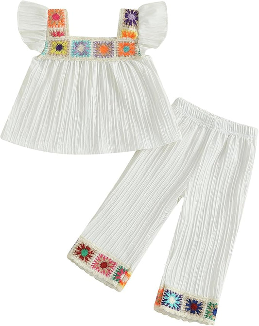 6M-5T Little Girl Clothes Boho Outfit Straps Hearts Shirts Cami Tank Tops Wide Leg Pants Baby Girl Summer Clothes