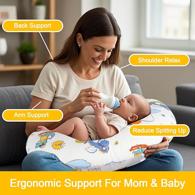 Nursing Pillow, Breastfeeding Pillows with Standard Size Removable Cover, Breast Feeding Pillow with Breathable Filling, Ergonomic Nursing Essentials for Bottle and Breastfeeding (Dinosaurs)