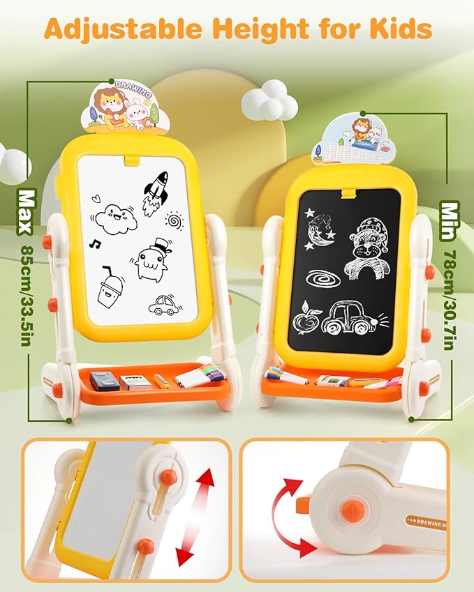 Kids Art Easel for Toddler 3-8, 4 in 1 Standing Rotatable Drawing Board with Painting Accessories, Large Magnetic Child White Board & Chalkboard Learning Educational Toy for Boys Girls Gift with Case