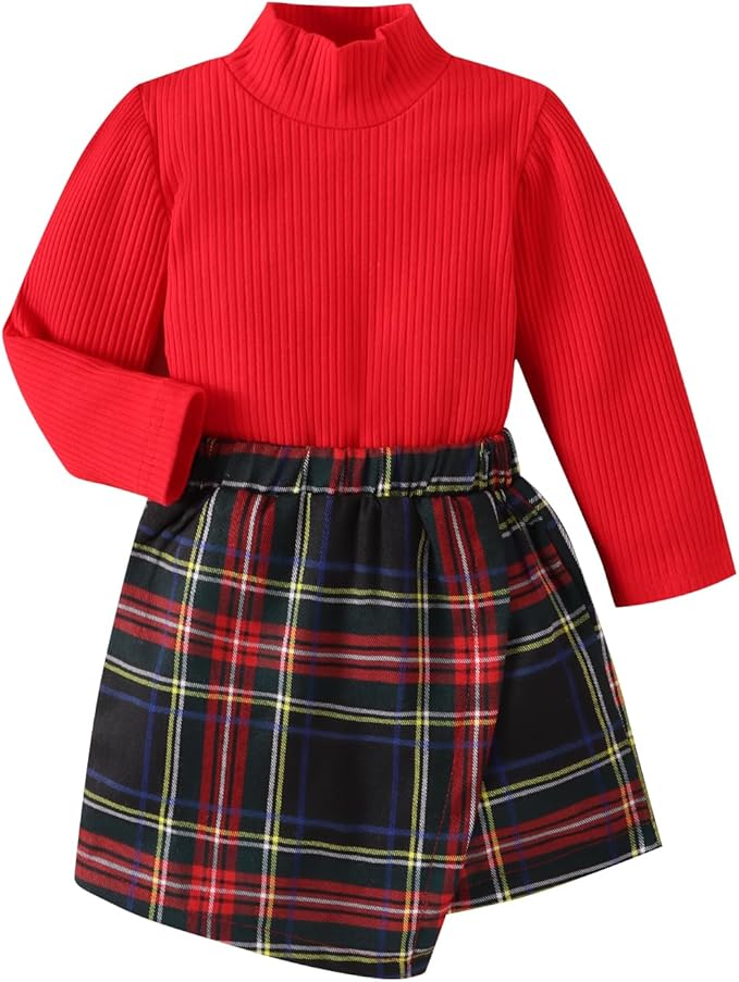 Fernvia Toddler Baby Girl Fall Winter Skirt Set Turtleneck Ribbed Long Sleeve T-Shirt Top & Plaid Skirts Dress 2Pcs Outfits