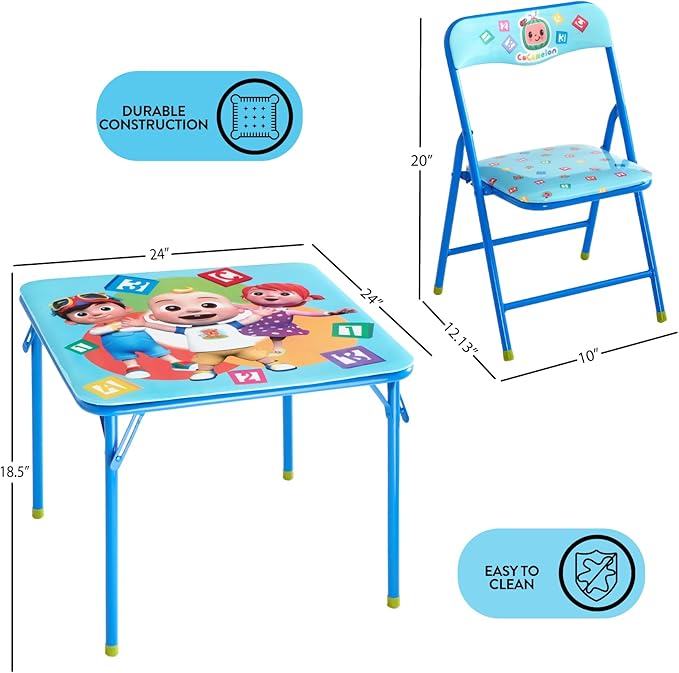 Idea Nuova Cocomelon 3 Piece Children's Activity Square Table and 2 Folding Chairs Set, Ages 3+