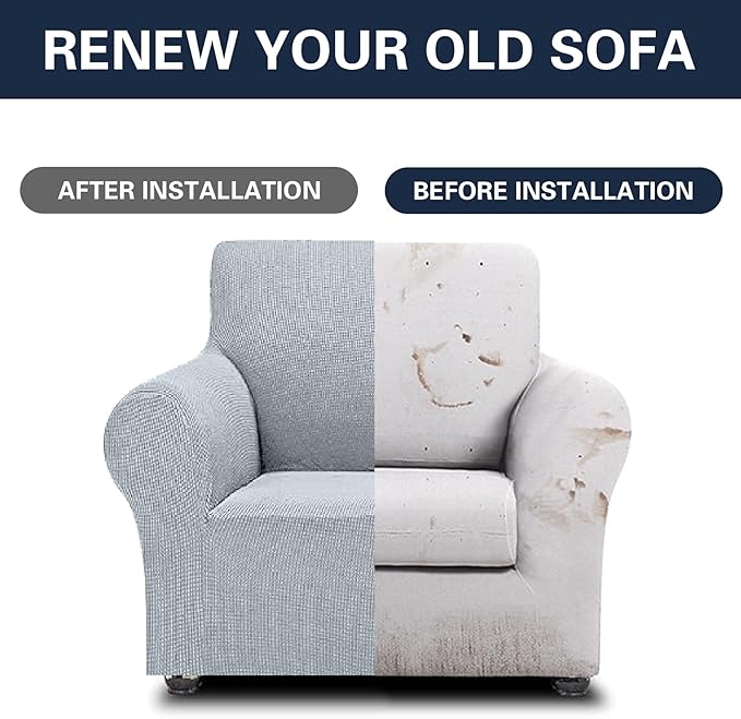 2025 New Stretch Chair Sofa Slipcovers Couch Cover for 1 Seater Furniture Protector Sofa Covers with Elastic Bottom Jacquard Fabric Small Checks for Pets, Kids - Silver