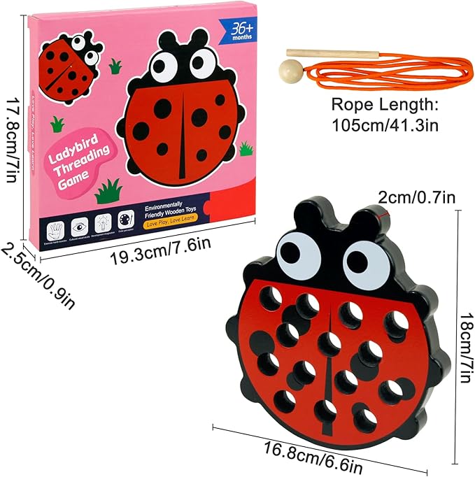 Sealive Wooden Lacing Toys for Toddlers - Fun Learning Activity for Preschoolers | Develop Fine Motor Skills | Durable Montessori Toy for Travel (Ladybug)