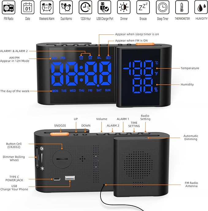 Alarm Clock Radio, Digital Alarm Clock for Bedrooms with USB Port, Large LED Display with Brightness Dimmer, Bedside FM Radio with Sleeper Timer, Temperature, Adjustable Volume, Snooze