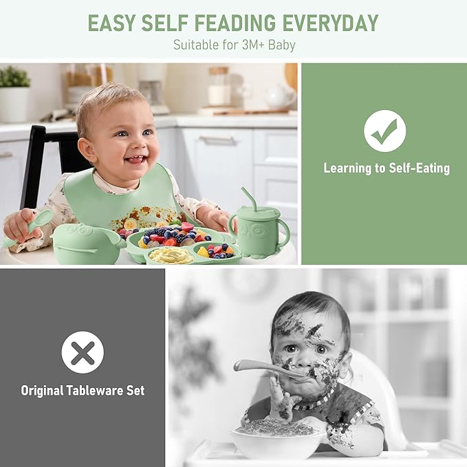 Baby Weaning Set, Silicone Baby Feeding Set(10 Pcs), Toddler Weaning Set with Adjustable Bib, Suction Bowl, Plate, Fork, Spoon, Water & Snack Cup Kit, Baby Led Weaning Kit for Babies and Kids