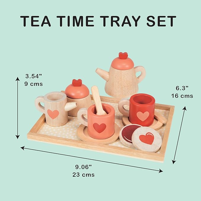 Mentari Toys - Tea Time Tray Set - Wooden Pink Teapot, Cups and Trays for Pretend Afternoon Tea Party - Social, Creative, and Imaginative Development - Learning Role Play - Age 3+
