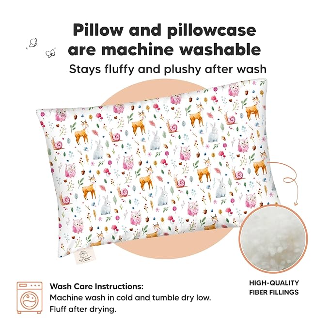 Toddler Pillow with Pillowcase - 13x18 My Little Dreamy Pillow, Organic Cotton Toddler Pillows for Sleeping, Kids Pillow, Travel Pillows, Mini Pillow, Nursery Pillow, Toddler Bed Pillow (Forestland)