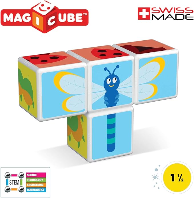 Geomag MagiCube Small Animals 4-Piece Magnetic Stacking Cubes Building Set, Toddlers & Kids Ages 1.5 and Up, STEM Educational Toy, Swiss-Made, Creativity, Imagination, 6 Adorable Building Ideas
