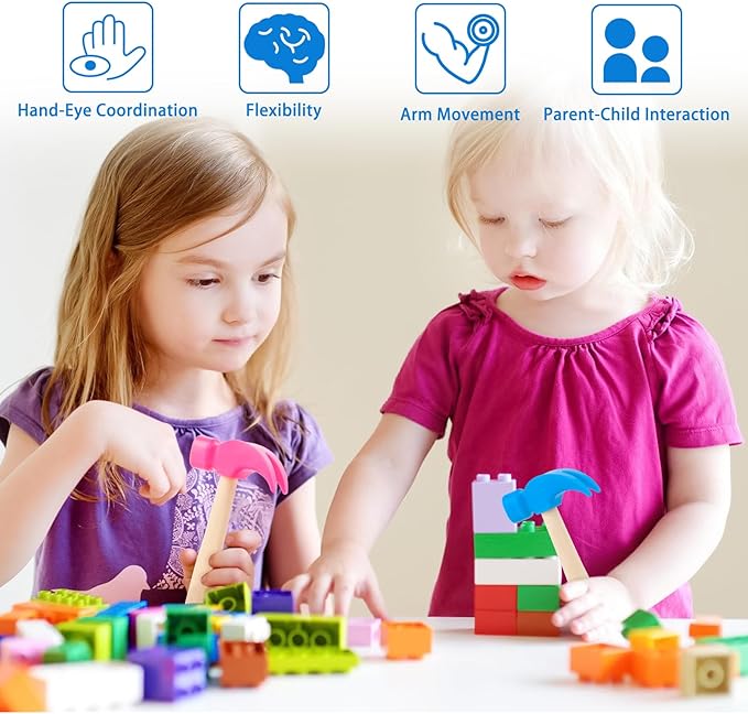 2 Pack Wooden Hammer Toys Simulation Hammers Maintenance Tools Educational Toys for Kids Birthday Party Games Supplies (Blue + Rose Red)