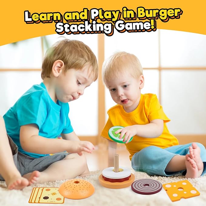 Kizh Wooden Burger Sorting Stacking Toys for Toddlers Preschool Montessori Educational Toys Fine Motor Toys for Kids Boys Girls
