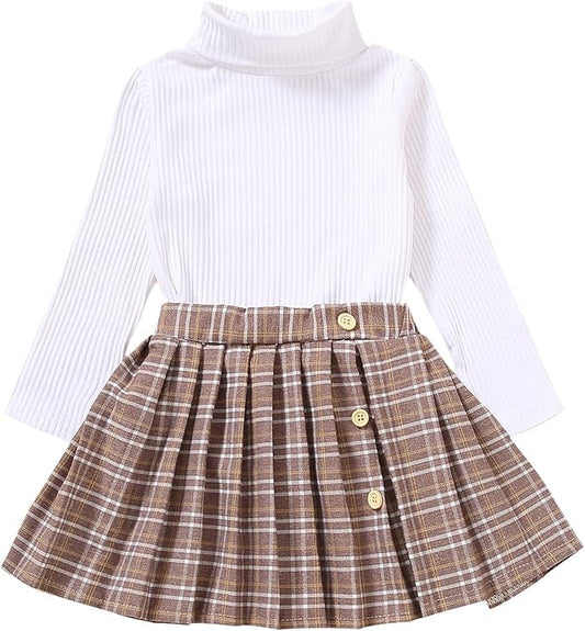 Fernvia Toddler Baby Girl Fall Winter Skirt Set Turtleneck Ribbed Long Sleeve T-Shirt Top & Plaid Skirts Dress 2Pcs Outfits