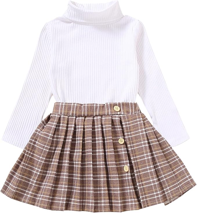 Fernvia Toddler Baby Girl Fall Winter Skirt Set Turtleneck Ribbed Long Sleeve T-Shirt Top & Plaid Skirts Dress 2Pcs Outfits