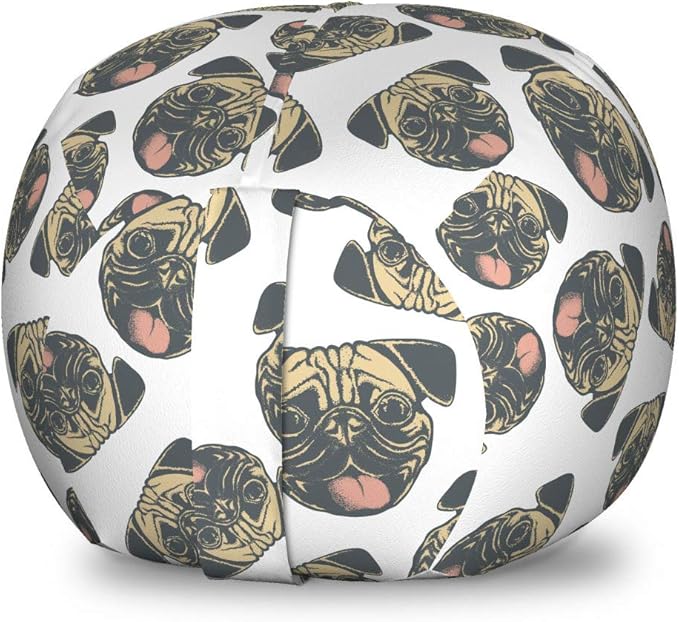 Ambesonne Pug Storage Toy Bag Chair, Cheerful Playful Animals Dog Heads with Tongues Out and Grunge Effect, Stuffed Animal Organizer Washable Bag, Small Size, Charcoal Grey