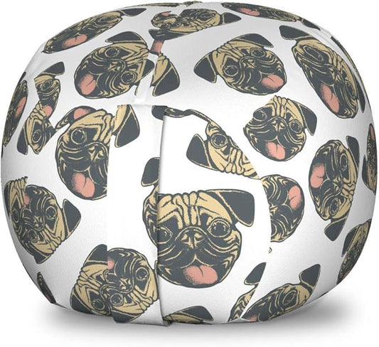 Ambesonne Pug Storage Toy Bag Chair, Cheerful Playful Animals Dog Heads with Tongues Out and Grunge Effect, Stuffed Animal Organizer Washable Bag, Small Size, Charcoal Grey