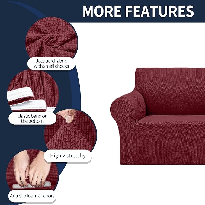 2025 New Stretch Loveseat Sofa Slipcovers Couch Cover for 2 Cushion Furniture Protector Sofa Covers with Elastic Bottom Jacquard Fabric Small Checks for Pets, Kids - Dark Red