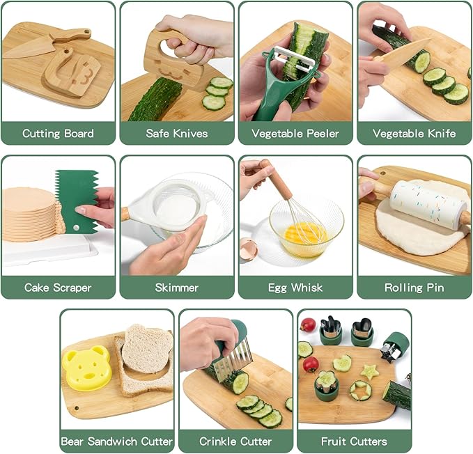 17 PCS Kids Knife Set for Real Cooking, Montessori Kitchen Tools for Toddlers, Cooking and Baking Set for Kids Little Chefs, Crinkle Cutter, Cutting Board, Safe Knife