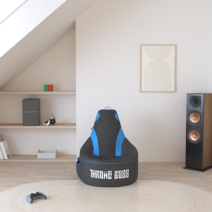Gaming Bean Bag Chair for Adults [Cover ONLY No Filling] with High Back - Fun Gaming Sofa - Bean Bag Chairs for Adults and Teens - Dorm Chair - Gamer Beanbag Gaming Chair with Cup Holder (Black/Blue)