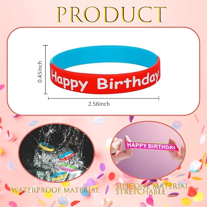 48 Pieces Rubber Bracelets for Happy Birthday Gift Silicone Stretch Wristbands Colored Silicone Bracelets for Birthday Party Supplies (Mixed)