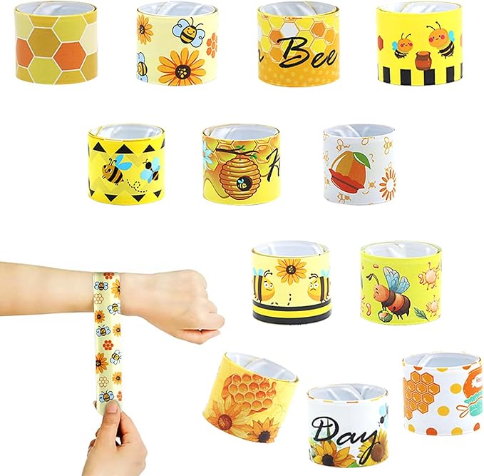 48pcs Bee Slap Bracelets Honeycomb Wristbands Assorted Color Bee Theme Party Favors Sunflower Wristband Honeybee Yellow Bee Birthday Slap Bands Baby Shower for Classroom Prizes