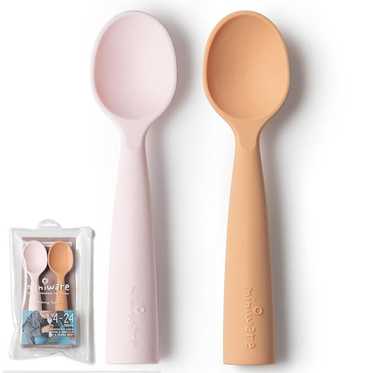 Miniware Silicone Baby Spoon for Training - BPA Free Baby Utensils - Baby Spoons Self Feeding 6 Months | 100% Food Grade Silicone - Modern & Dishwasher Safe Toddler Spoons (Cotton Candy and Toffee)