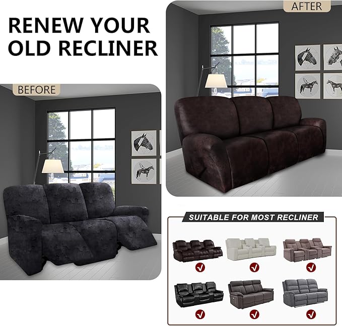 molasofa Recliner Sofa Covers - 8 Pieces Stretch Leather Like Large Couch Covers for 3 Seats Reclining Slipcovers Soft Jacquard Pattern Furniture Protector with Elastic Bottom (Chocolate)