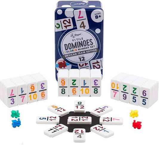 Regal Games Mexican Train Dominoes Set for Adults - Double 12 Dominoes with 91 Numbered Domino Tiles & 4 Trains - 2 or 4 Player Games & Ideal for Family Fun Game Night and Travel