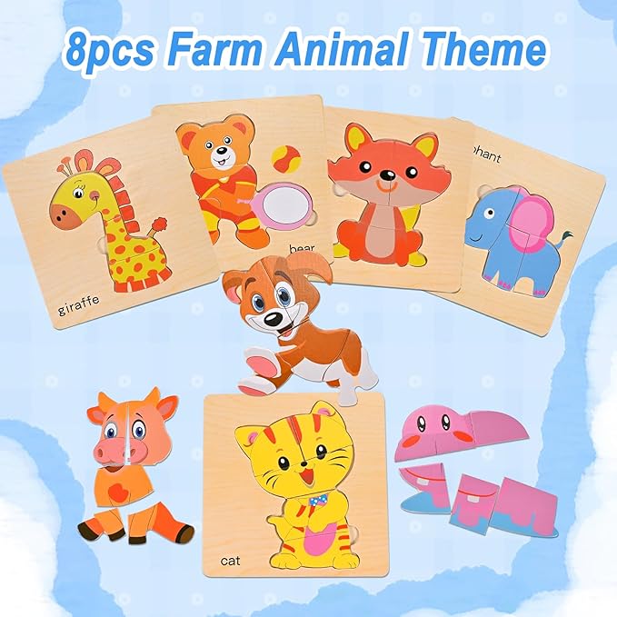 8pcs Wooden Puzzles for Toddlers 1 2 3 4, Toddler Puzzles Ages 1 2 3 4, Montessori Educational Jigsaw Toys Puzzles Christmas Birthday Gift for Kids Girl Boy 1-4 Year Old (Zoo Animals)