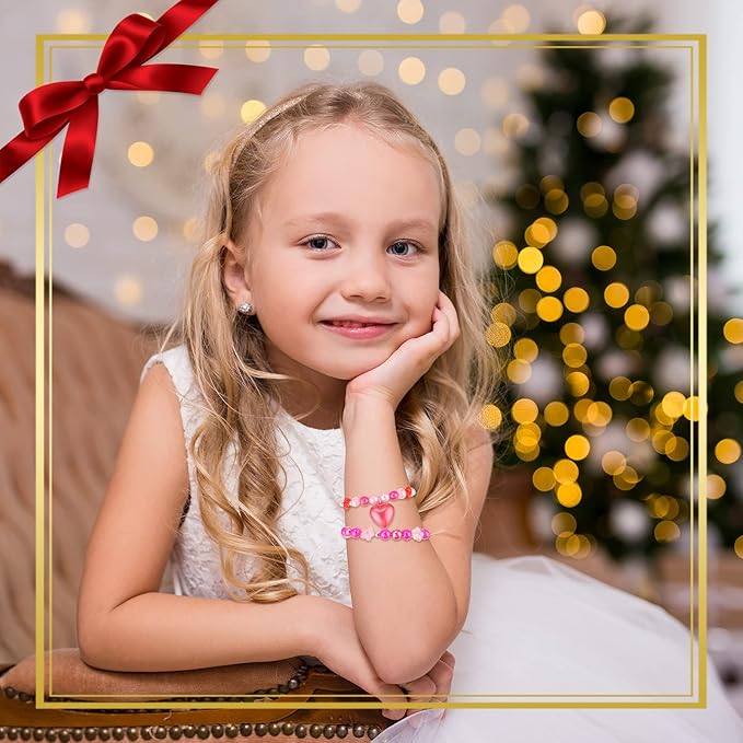 6 PCS Valentine's Day Girls Beaded Bracelets Cute Chunky Bubblegum Bracelets Heart Pendant Crystal Beaded Bracelet for Birthday Photo Props Costume Party Favors, Pink and Red