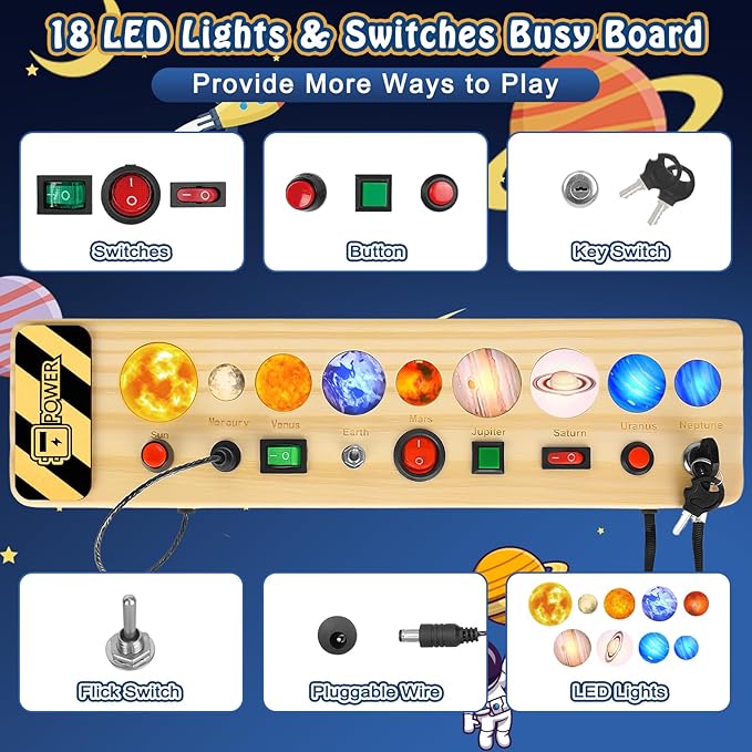 Solar System Busy Board Montessori Toys for Toddler, Wooden Sensory Board Switch Space Toy LED Light Up Travel Toys Educational Plane Travel Activity for Year Old Girls & Boys Gifts