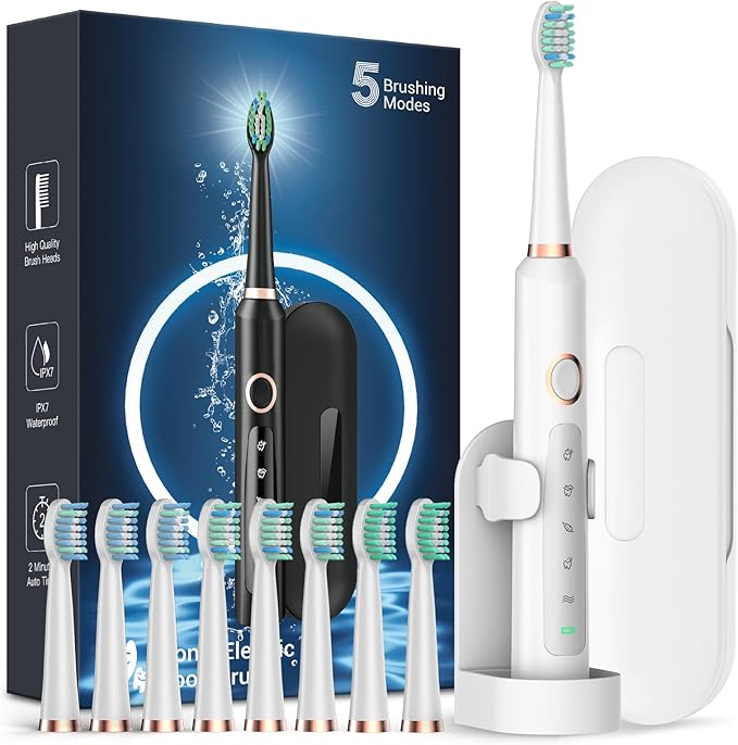 Rtauys M5 Sonic Electric Toothbrush for Adults - Rechargeable Electric Toothbrushes with 8 Brush Heads & Travel Case,Power Electric Toothbrush with Holder, 3 Hours Charge for 120 Days - White