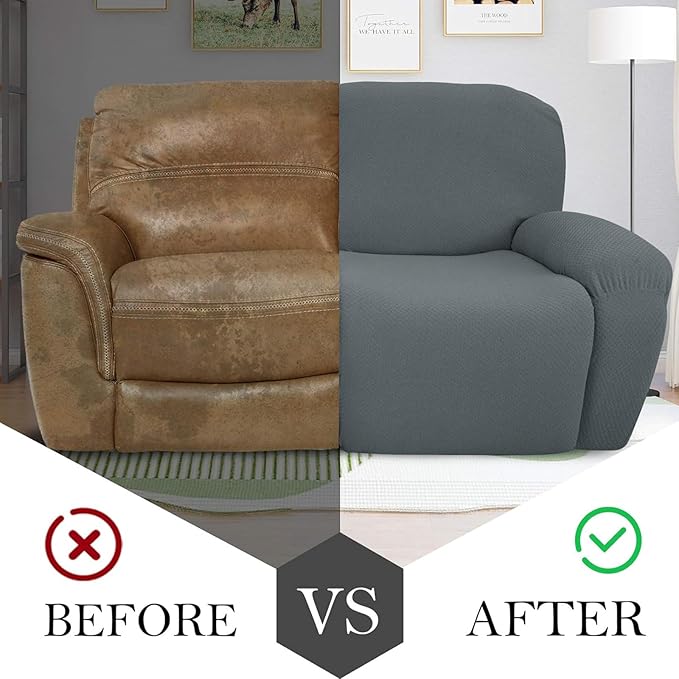 JIVINER 6-Piece Loveseat Recliner Slipcover Stretch Jacquard Recliner Sofa Cover 2 Seater Washable Reclining Couch Cover with Pocket Fitted Furniture Protector Cover (Loveseat Recliner, Light Gray)