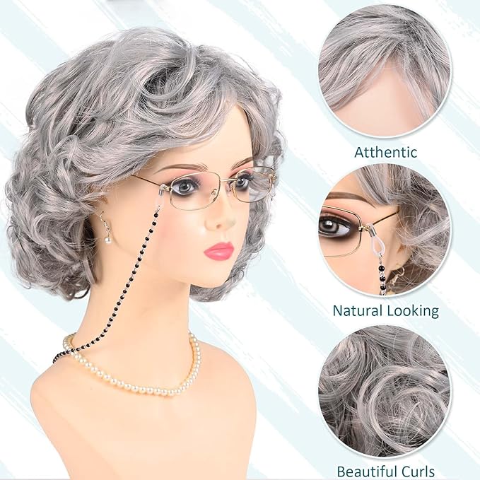 9 PCS 100 Days of School Old Lady Wig Set Include Wig Glasses Necklace Bracelet Glasses Chain Bag Cane and Stickers