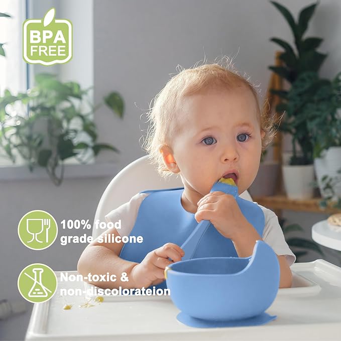 Silicone Baby Feeding Set | Baby Led Weaning Supplies Includes Suction Bowls and Divided Plates, Adjustable Bib, Baby Utensils Spoons and Forks,Cup | Baby Feeding Essentials (Deep Blue)
