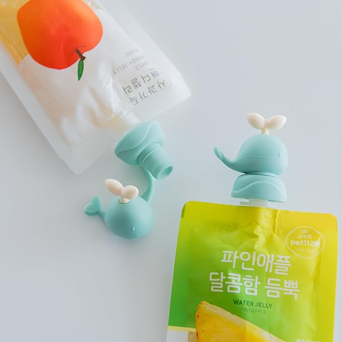 Whale SoftSip Food Pouch Topper | 2EA + Travel Case | Prevent Spills & Leakage | Protect Child Baby Toddler Mouth | Food Grade Silicone Reusable | Baby Led Weaning | BPA Free| Mint+Pink
