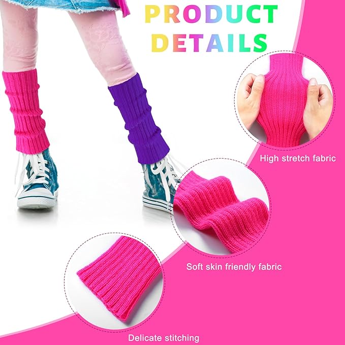 Giegxin 2 Set 80s Leg Warmers Set for Girls Kids Neon Ribbed Knit Leg Warmers Fitness Headband Wristbands for Cosplay Party