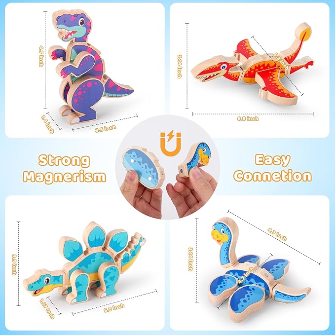 Dinosaur Building Blocks Toys, Magnetic Wooden Building Blocks with Stem Take Apart Dinos Playset, Promoting Montessori Fine Motor Skills, Great Gift for Kids 3-5 Years Old