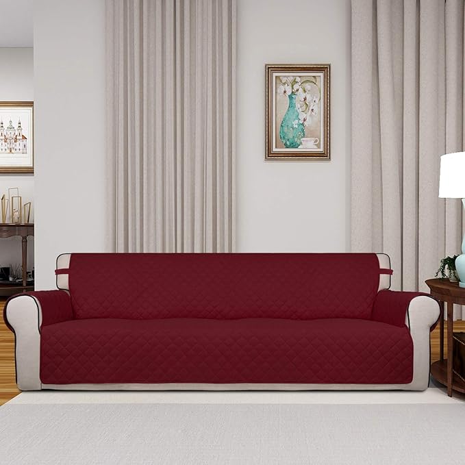 PureFit Reversible Quilted Sofa Cover, Water Resistant Slipcover Furniture Protector, Washable Couch Cover with Non Slip and Elastic Straps for Kids, Dogs, Pets (XX Large, Red/Ivory)