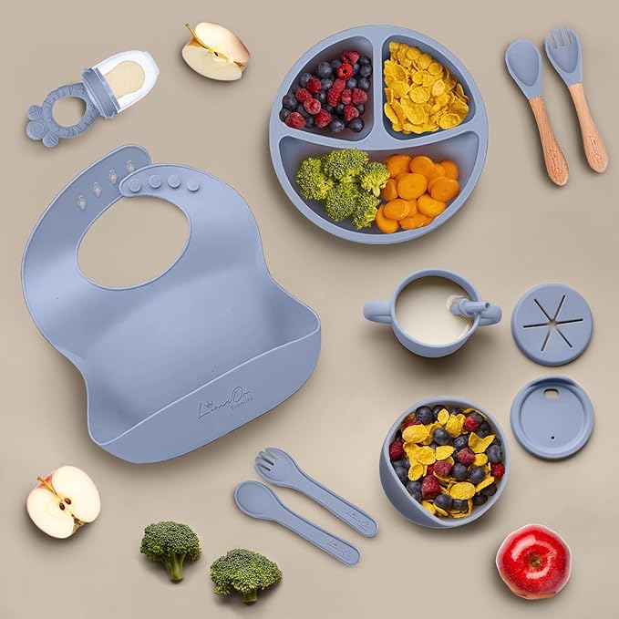 Silicone Baby Feeding Set - BPA-Free - Baby Led Weaning Supplies, Complete Kit toddler eating essentials – Empower Your Little One's Independence with LimOr's baby essentials 6-12 months (Gray)