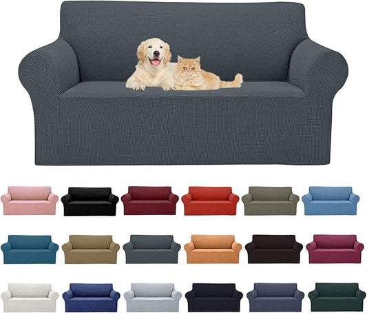 2025 New Stretch Loveseat Sofa Slipcovers Couch Cover for 2 Cushion Furniture Protector Sofa Covers with Elastic Bottom Jacquard Fabric Small Checks for Pets, Kids - Grey