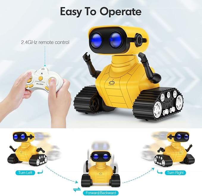 ALLCELE Robot Toys, Rechargeable RC Robots for Kids Boys, Remote Control Toy with Music and LED Eyes, Gift for Children Age 3 Years and Up - Yellow