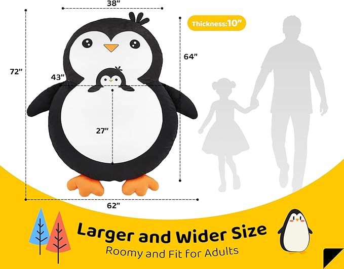 Bean Bag Chairs Bean Bag Floor Cushion Sleeping Mat Bean Bag Chair Adults Beanbag Lounger with Cute Penguin Design for Living Room Bedroom or Playroom (Large,Black)