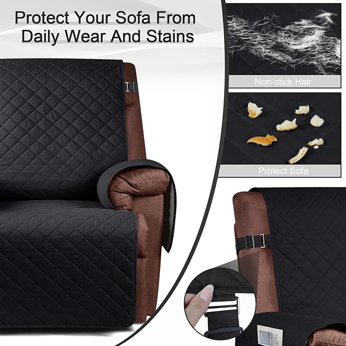 KinCam 100% Waterproof Recliner Chair Cover, Reclining Couch Covers for Pets, Dogs, Recliner Couch Slipcover Furniture Protector with Elastic Straps for Kids(30", Black)