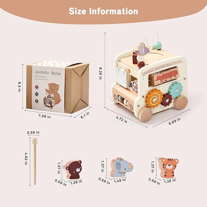 Wooden Activity Cube 8-in-1 Montessori Toys | Multifunctional Early Educational Learning Toys | Activity Cube for Baby Shape Sorter Xylophone Animal Travel Bus Toys Boy Girl Birthday Gift（Beige Bus）