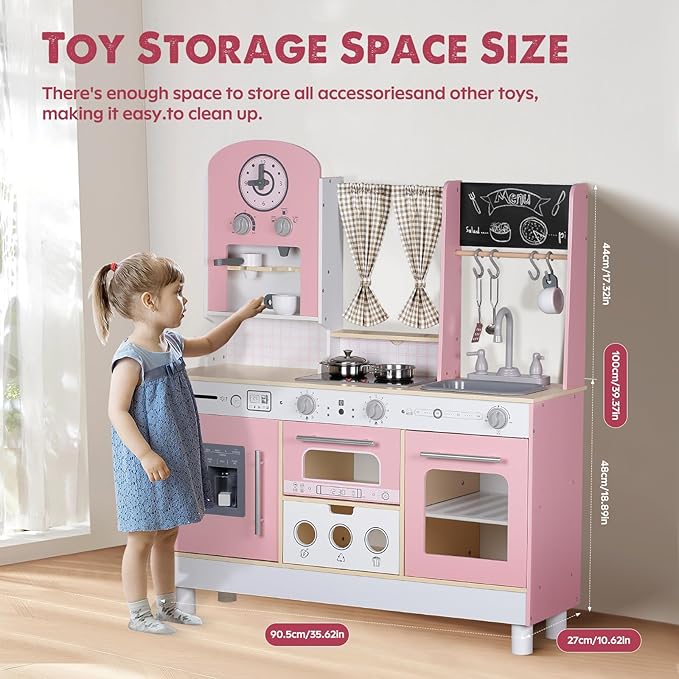 Kids Kitchen playset, Wooden Play Kitchen, Height Adjustable, Comes with Various Kitchen Accessories, Ideal Role Play Toy Gift for Toddlers and Kids Ages 3-8 (Pink)