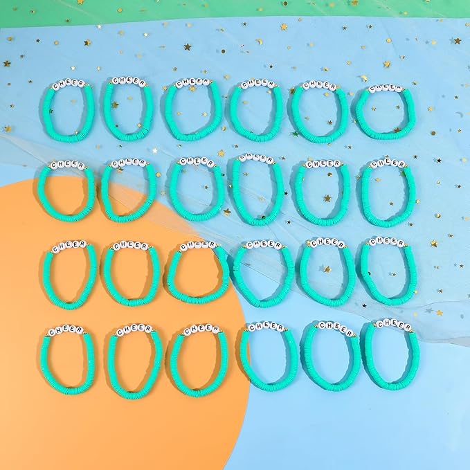 24 Pcs Cheerleader Gifts for Girls Handmade Friendship Bracelets for Teen Girls Stretch Cheer Bracelets Y2k Cheer Stuff Stackable Clay Bead Bracelets Bulk Teens Birthday Christmas Party Favors