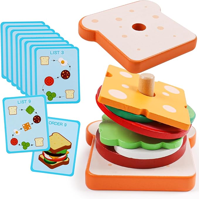 kizh Wooden Sandwich Sorting Stacking Toys Play Food Set for Toddlers Preschool Educational Montessori Toys Fine Motor Toys for Kids Boys Girls