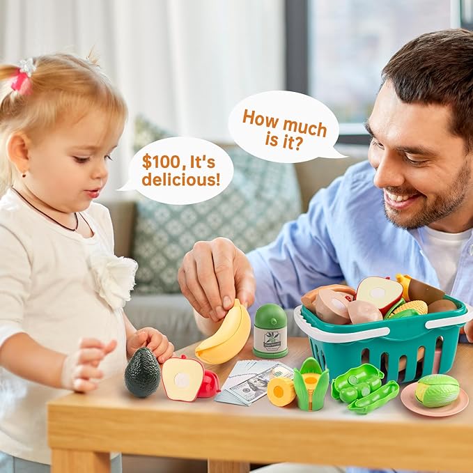150Pcs Kitchen Playset, Toddlers Pretend Cooking Cookware Accessories, Food, Picnic Blanket, Fruits, Veges, 2Pack Shopping Storage Basket, Dessert and Prop Money, Gift for Kids (Turquoise)